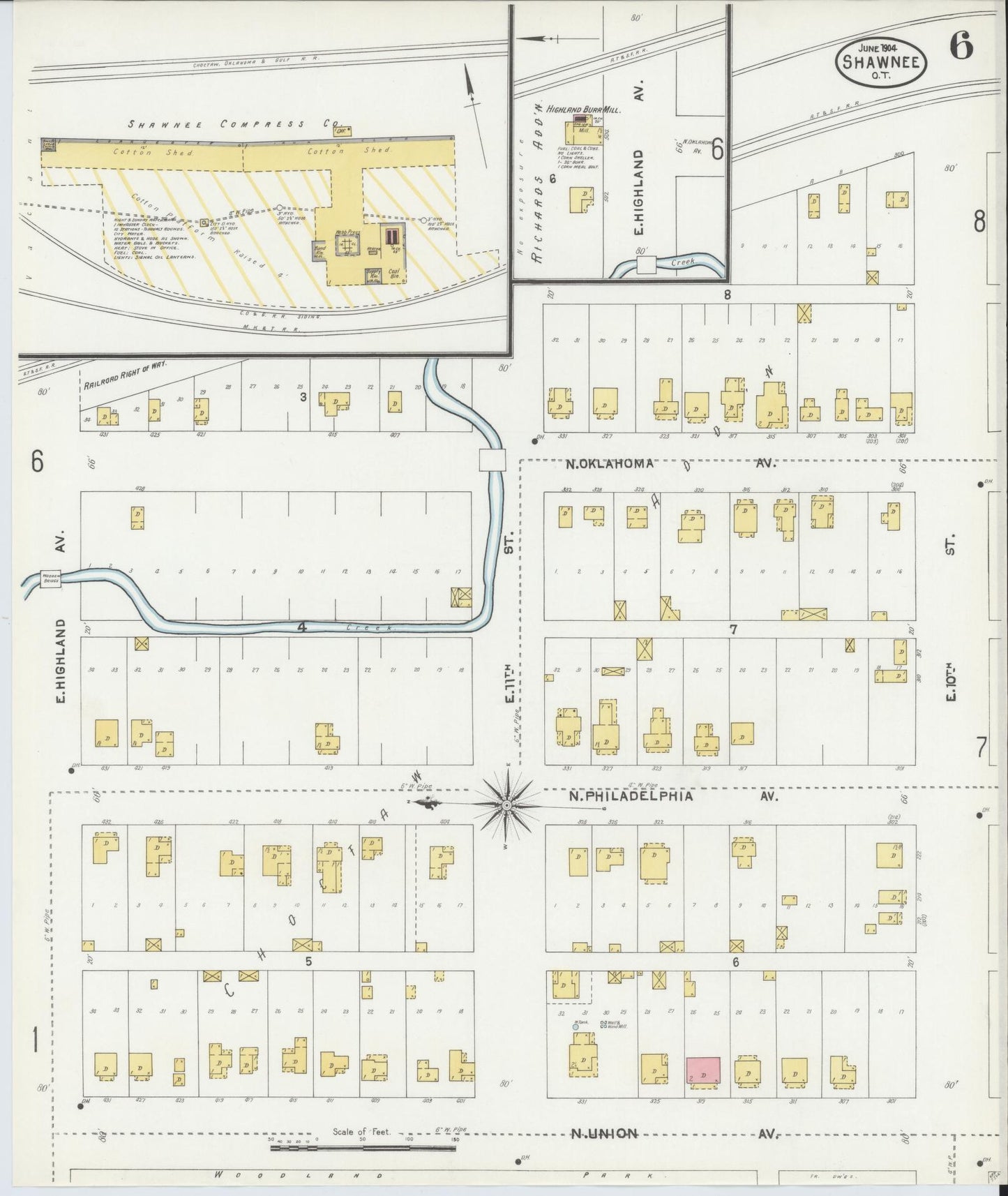 Sanborn Fire Insurance Map from Shawnee, Pottawatomie County, Oklahoma (1904), Sheet #0006 - Historic Sanborn Fire Insurance Map Print, vintage old map wall art, antique decor, genealogy gift, Oklahoma Oklahoma map
