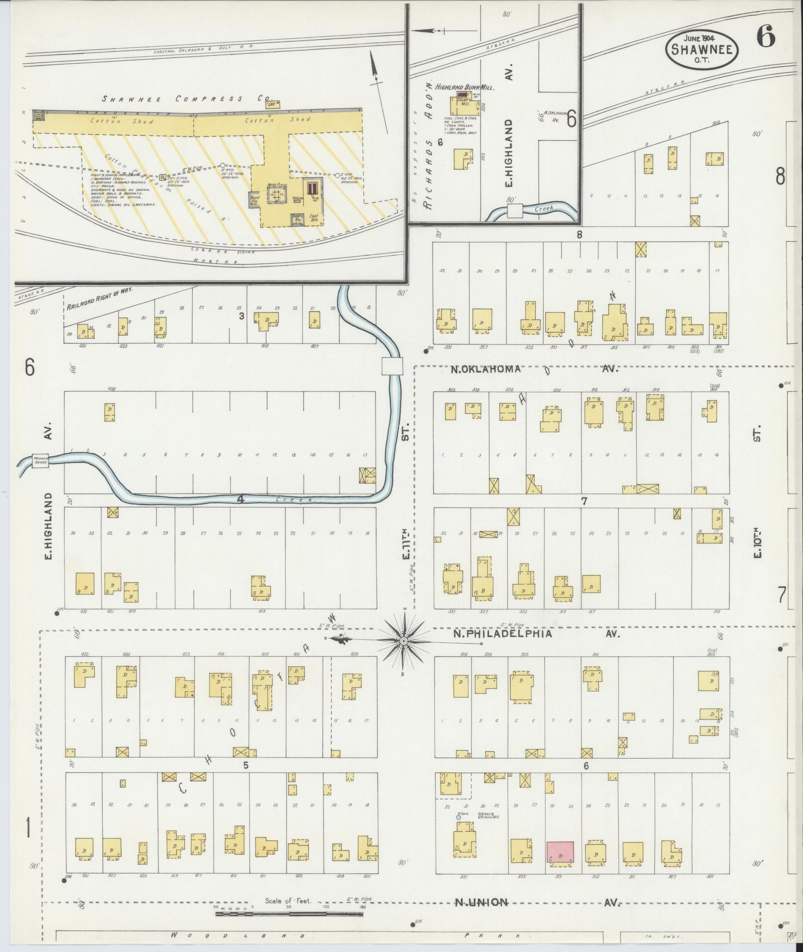 Sanborn Fire Insurance Map from Shawnee, Pottawatomie County, Oklahoma (1904), Sheet #0006 - Historic Sanborn Fire Insurance Map Print, vintage old map wall art, antique decor, genealogy gift, Oklahoma Oklahoma map