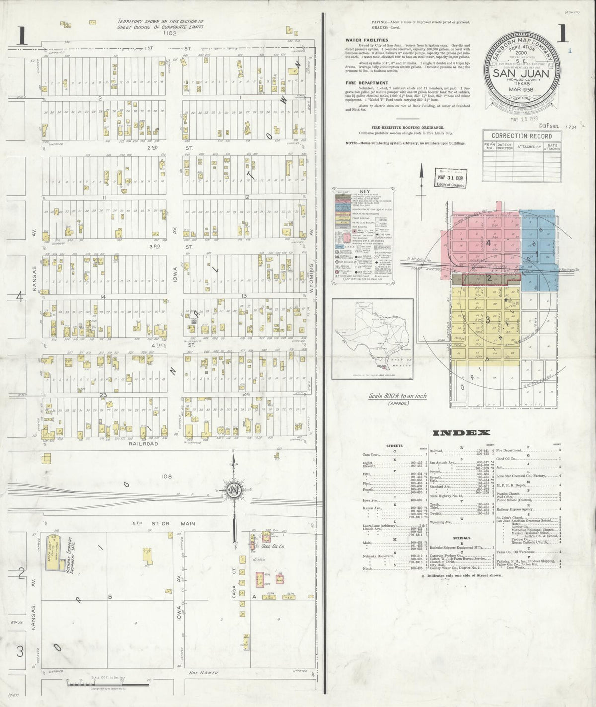 Sanborn Fire Insurance Map from San Juan, Hidalgo County, Texas (1938), Sheet #0001 - Complete Map Set gallery image, historic Sanborn map, vintage wall art, Texas Texas