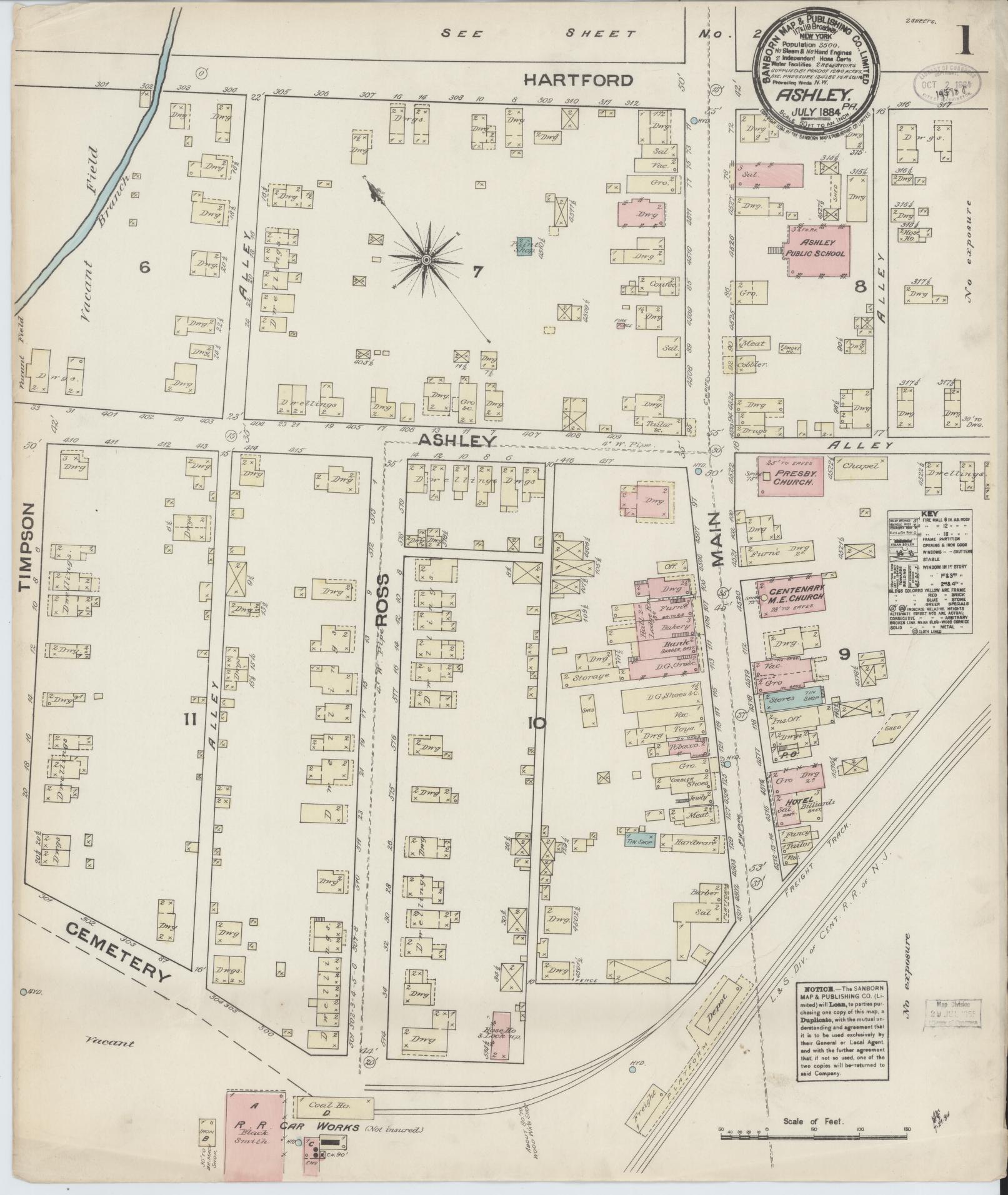 Sanborn Fire Insurance Map from Ashley, Luzerne County, Pennsylvania (1884), Sheet #0001 - Historic Sanborn Fire Insurance Map Print, vintage old map wall art, antique decor, genealogy gift, Pennsylvania Pennsylvania map