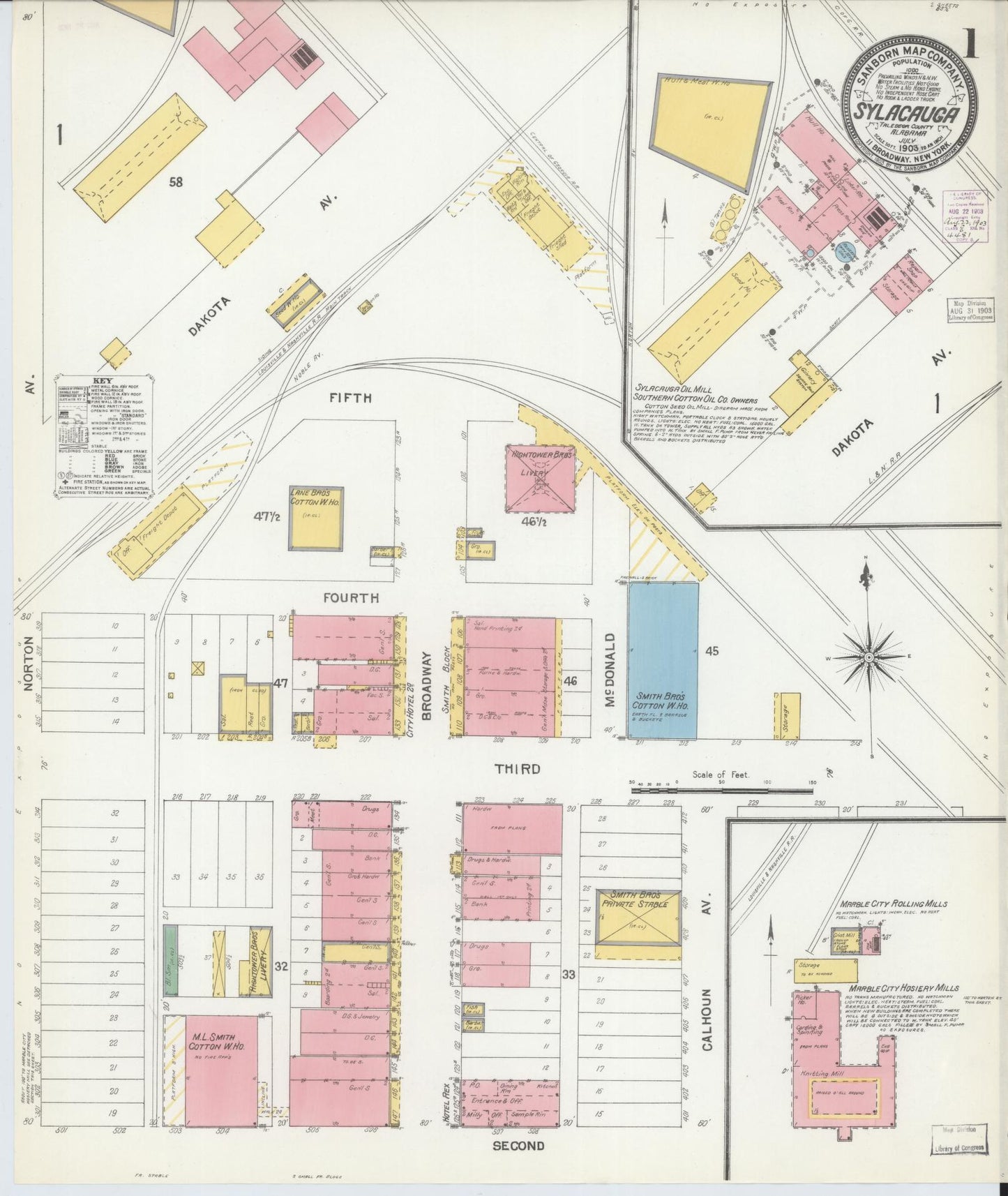 Sanborn Fire Insurance Map from Sylacauga, Talladega County, Alabama (1903), Sheet #0001 - Complete Map Set gallery image, historic Sanborn map, vintage wall art, Alabama Alabama