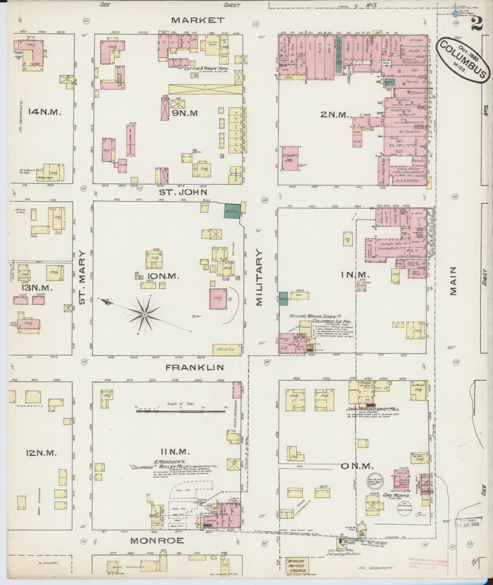 Sanborn Fire Insurance Map from Columbus, Lowndes County, Mississippi (1885), Sheet #0002 - Historic Sanborn Fire Insurance Map Print, vintage old map wall art, antique decor, genealogy gift, Mississippi Mississippi map