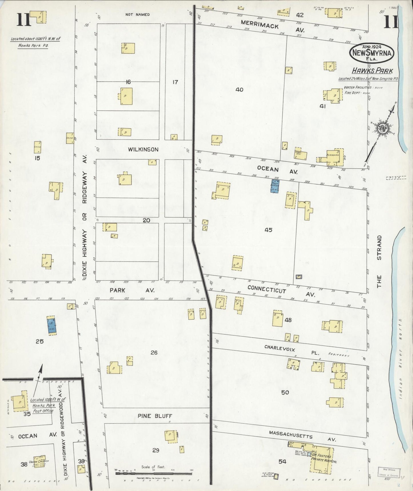Sanborn Fire Insurance Map from New Smyrna, Valusia County, Florida (1924), Sheet #0011 - Complete Map Set gallery image, historic Sanborn map, vintage wall art, Florida Florida