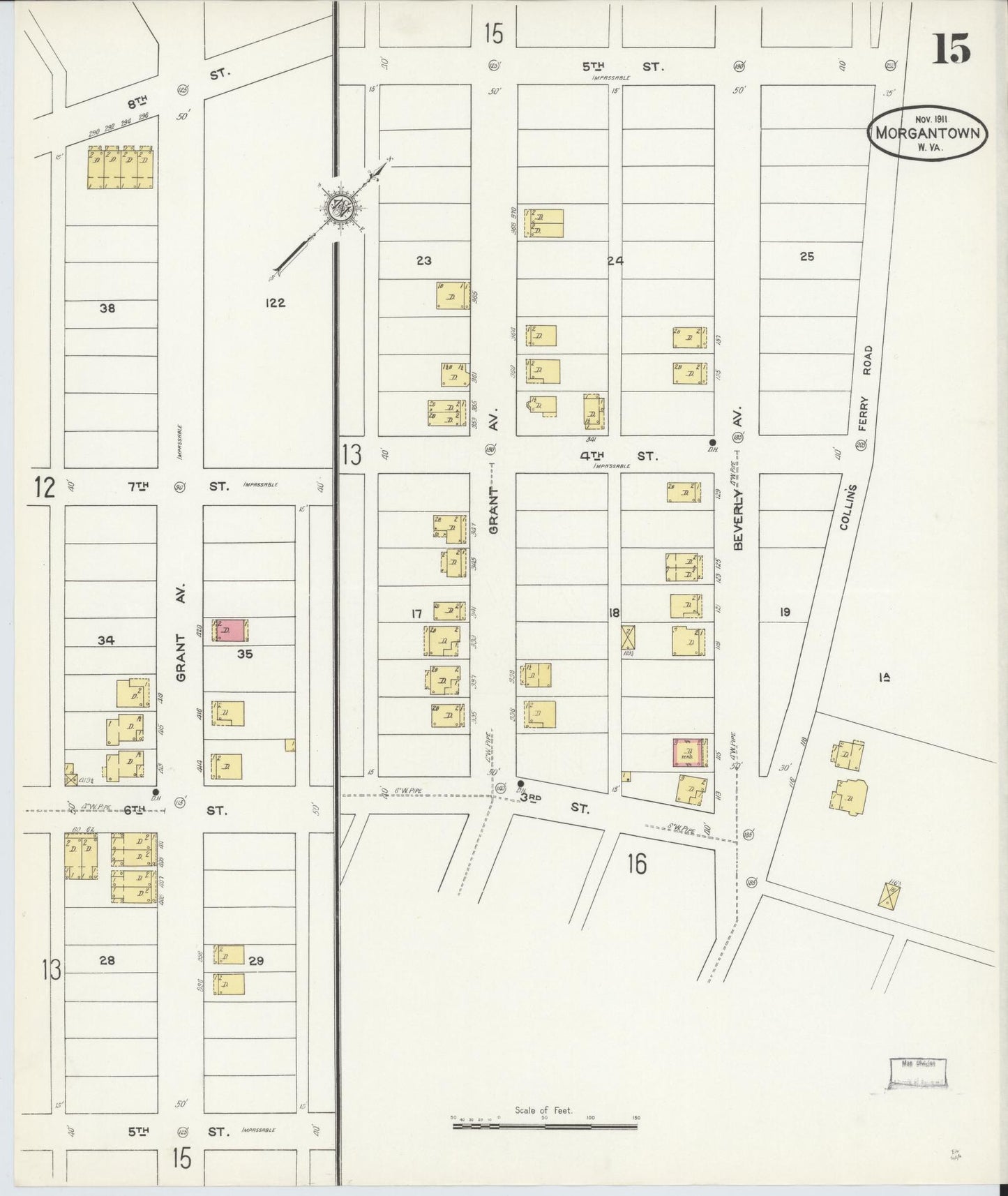 Sanborn Fire Insurance Map from Morgantown, Monongalia County, West Virginia (1911), Sheet #0015 - Historic Sanborn Fire Insurance Map Print, vintage old map wall art, antique decor, genealogy gift, West Virginia West Virginia map