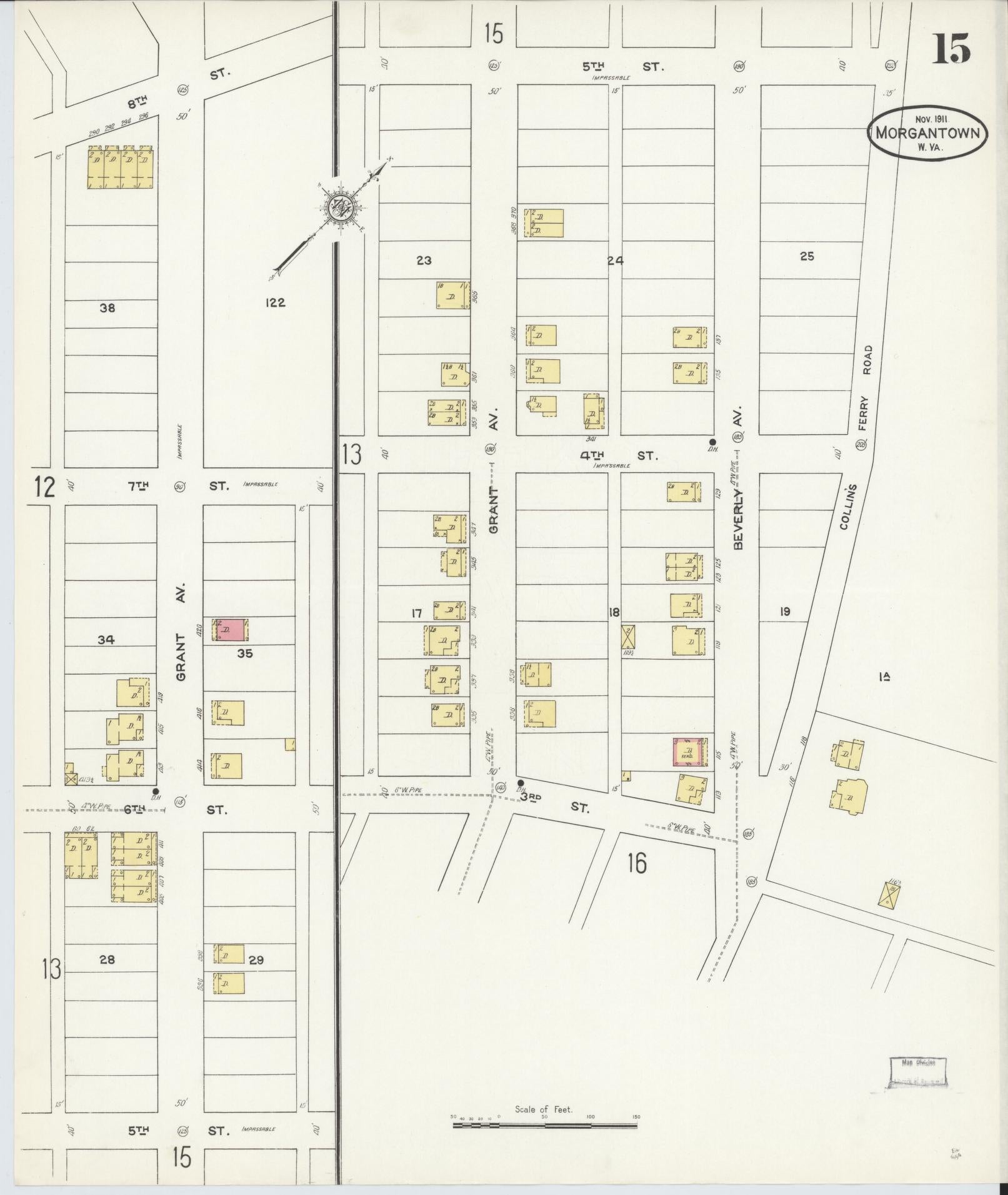 Sanborn Fire Insurance Map from Morgantown, Monongalia County, West Virginia (1911), Sheet #0015 - Historic Sanborn Fire Insurance Map Print, vintage old map wall art, antique decor, genealogy gift, West Virginia West Virginia map