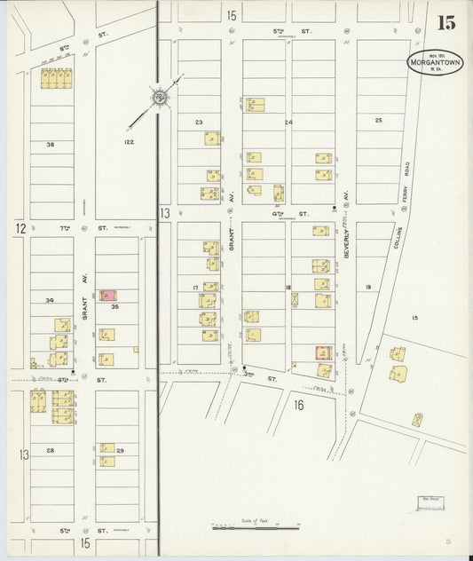 Sanborn Fire Insurance Map from Morgantown, Monongalia County, West Virginia (1911), Sheet #0015 - Historic Sanborn Fire Insurance Map Print, vintage old map wall art, antique decor, genealogy gift, West Virginia West Virginia map