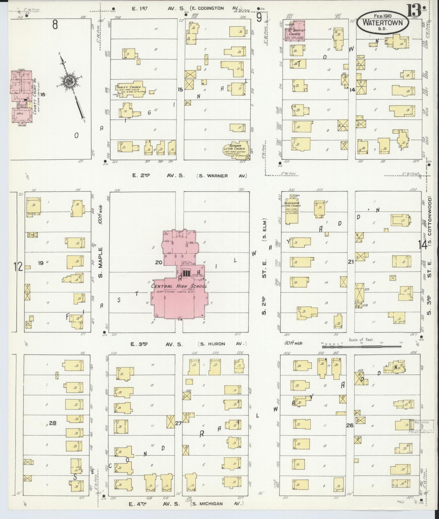 Sanborn Fire Insurance Map from Watertown, Codington County, South Dakota (1910), Sheet #0013 - Complete Map Set gallery image, historic Sanborn map, vintage wall art, South Dakota South Dakota