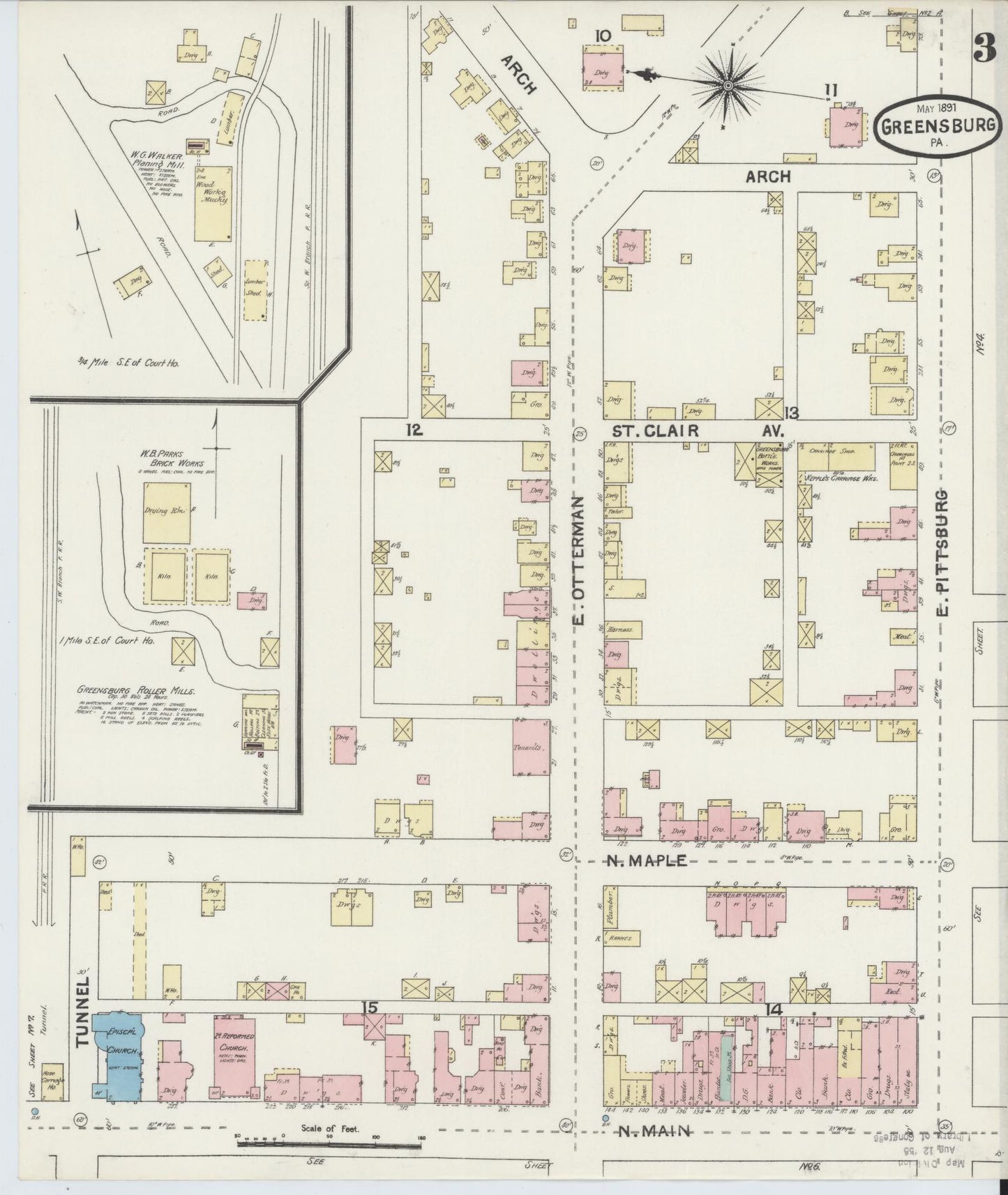 Sanborn Fire Insurance Map from Greensburg, Westmoreland County, Pennsylvania (1891), Sheet #0003 - Historic Sanborn Fire Insurance Map Print, vintage old map wall art, antique decor, genealogy gift, Pennsylvania Pennsylvania map