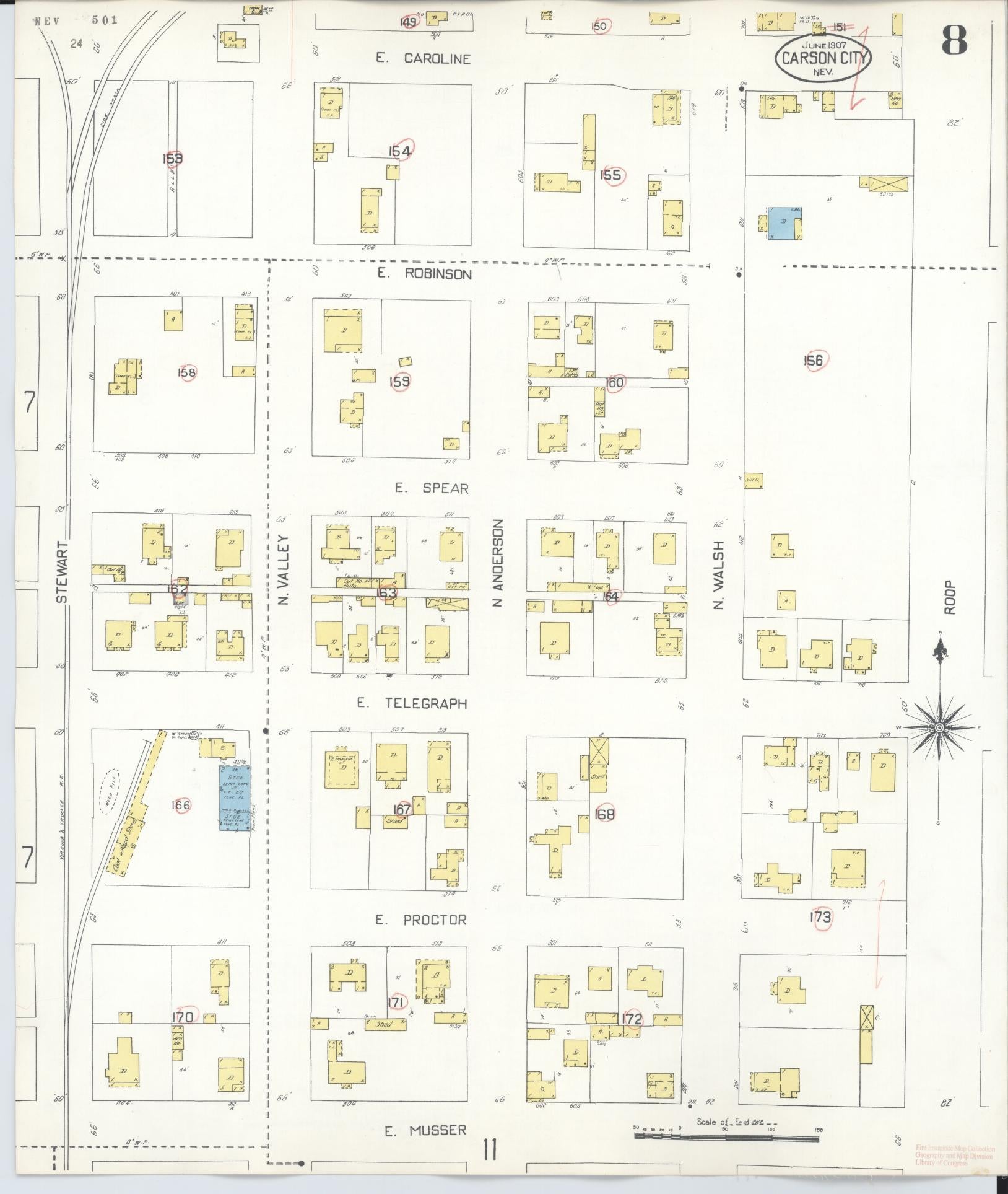 Sanborn Fire Insurance Map from Carson City, Carson City County, Nevada (1941), Sheet #0008 - Historic Sanborn Fire Insurance Map Print, vintage old map wall art, antique decor, genealogy gift, Nevada Nevada map