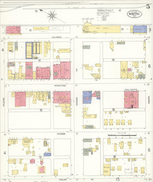 Sanborn Fire Insurance Map from Wenatchee, Chelan County, Washington (1909), Sheet #0005 - Historic Sanborn Fire Insurance Map Print, vintage old map wall art, antique decor, genealogy gift, Washington Washington map