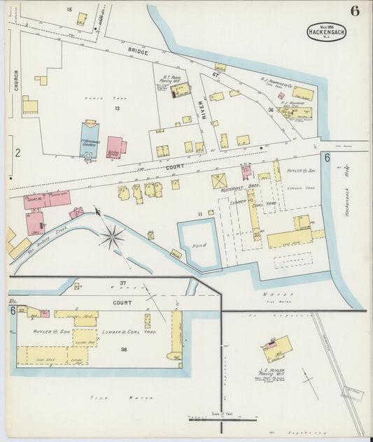 Sanborn Fire Insurance Map from Hackensack, Bergen County, New Jersey (1896), Sheet #0006 - Historic Sanborn Fire Insurance Map Print, vintage old map wall art, antique decor, genealogy gift, New Jersey New Jersey map