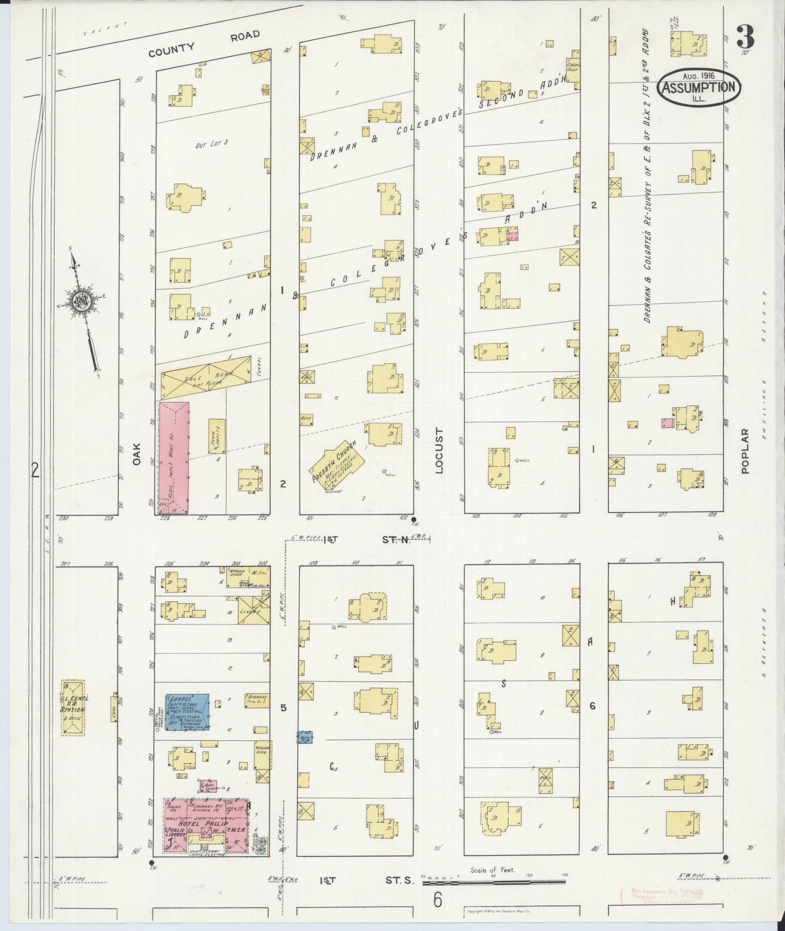 Sanborn Fire Insurance Map from Assumption, Christian County, Illinois (1916), Sheet #0003 - Historic Sanborn Fire Insurance Map Print, vintage old map wall art, antique decor, genealogy gift, Illinois Illinois map