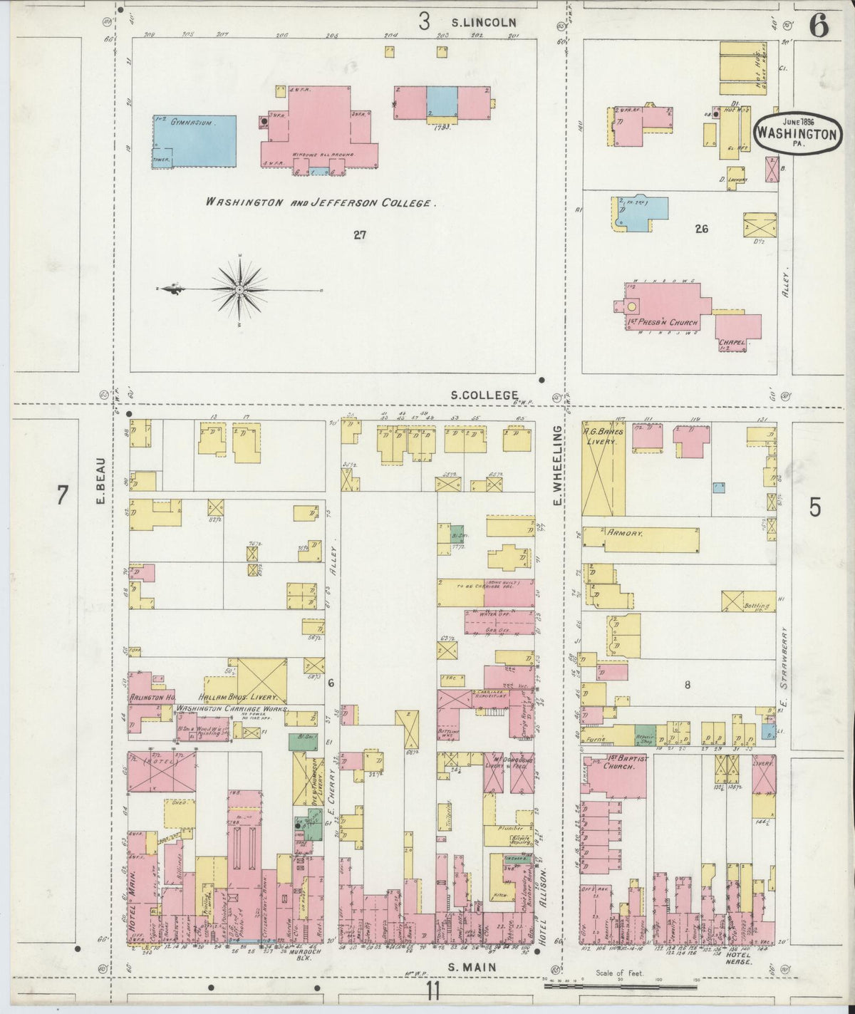 Sanborn Fire Insurance Map from Washington, Washington County, Pennsylvania (1896), Sheet #0006 - Historic Sanborn Fire Insurance Map Print, vintage old map wall art, antique decor, genealogy gift, Pennsylvania Pennsylvania map