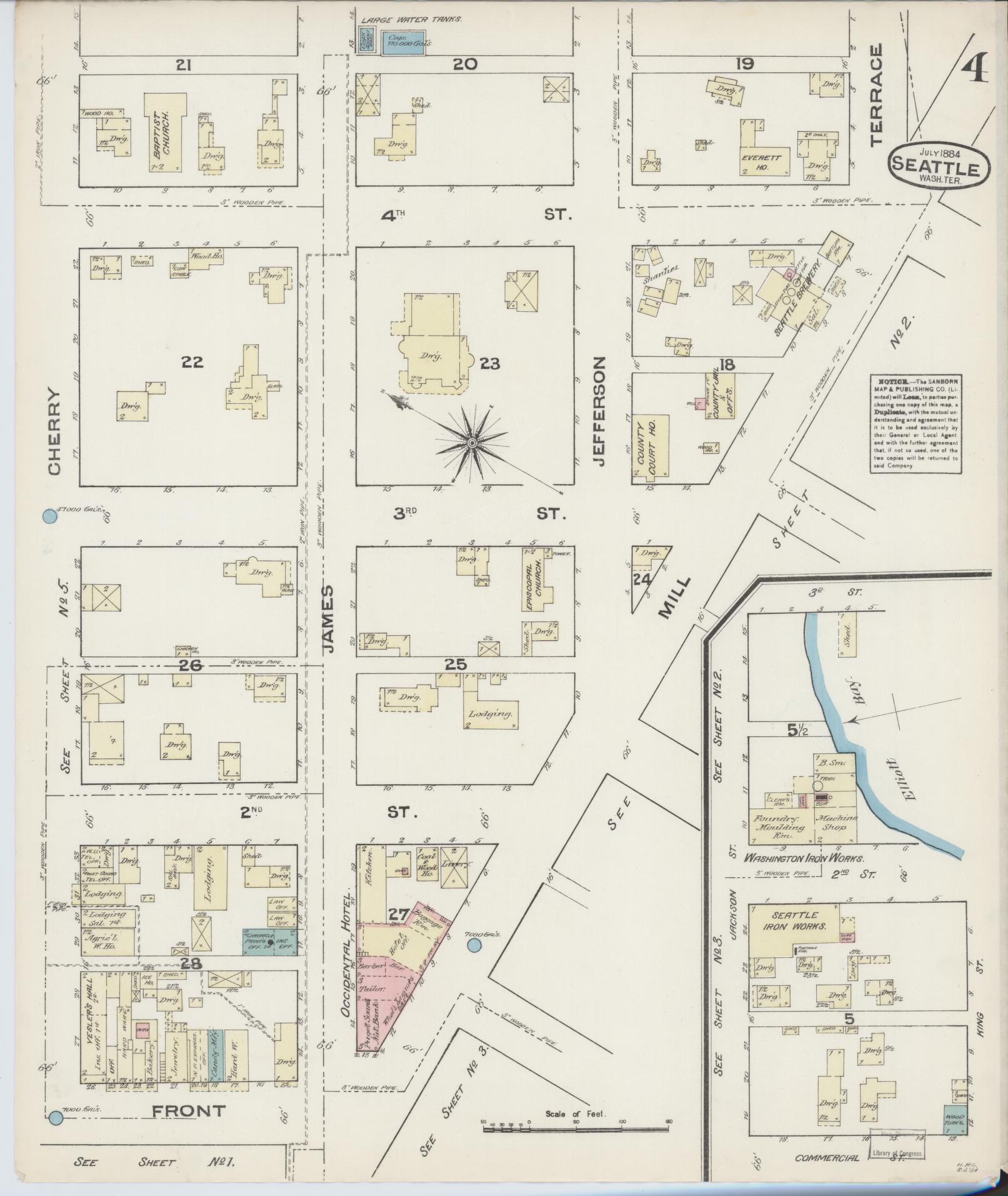Sanborn Fire Insurance Map from Seattle, King County, Washington (1884), Sheet #0004 - Historic Sanborn Fire Insurance Map Print, vintage old map wall art, antique decor, genealogy gift, Washington Washington map