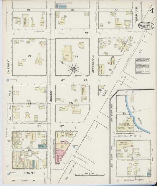 Sanborn Fire Insurance Map from Seattle, King County, Washington (1884), Sheet #0004 - Historic Sanborn Fire Insurance Map Print, vintage old map wall art, antique decor, genealogy gift, Washington Washington map
