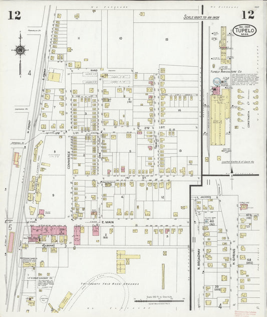 Sanborn Fire Insurance Map from Tupelo, Lee County, Mississippi (1924), Sheet #0012 - Historic Sanborn Fire Insurance Map Print, vintage old map wall art, antique decor, genealogy gift, Mississippi Mississippi map
