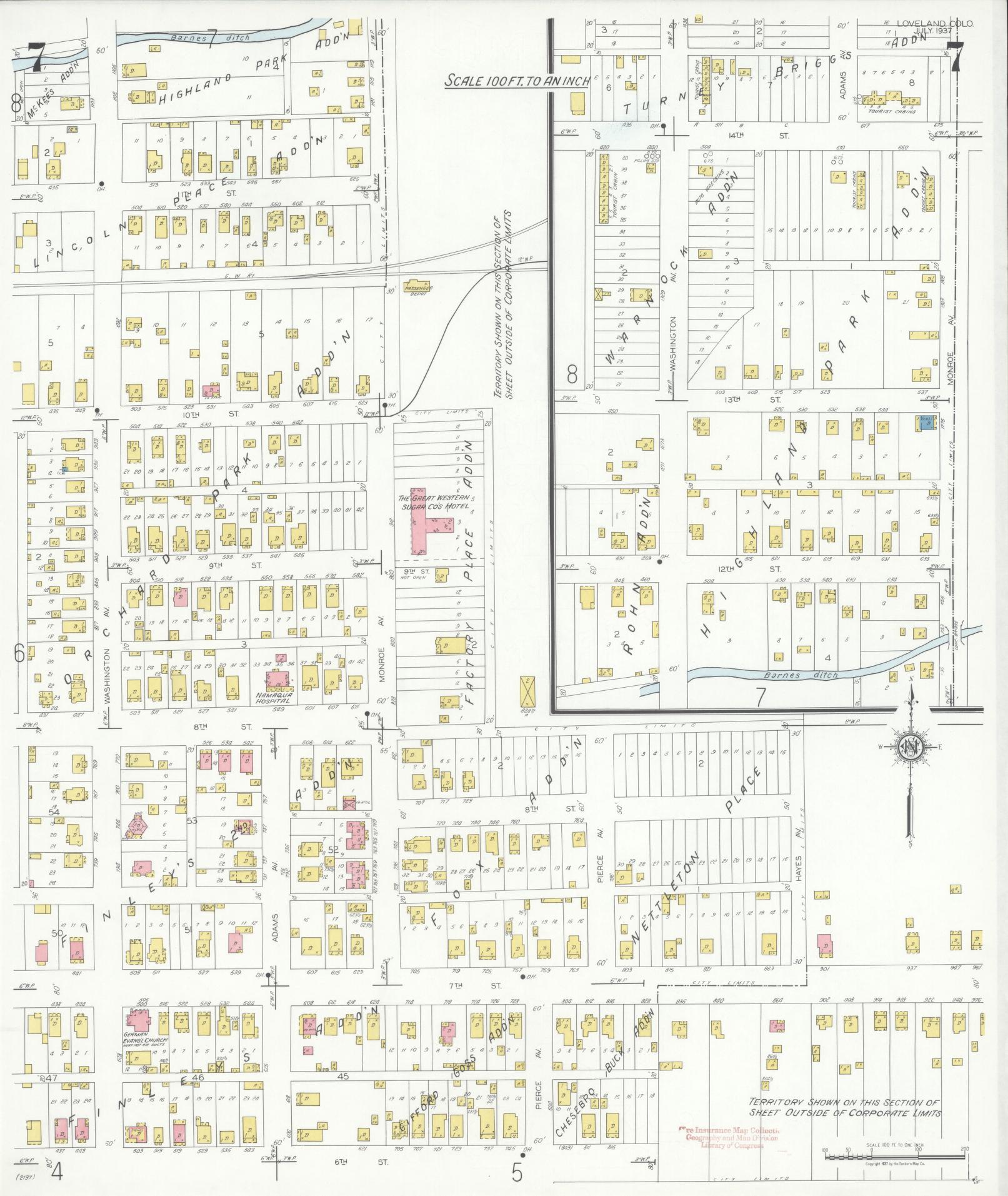 Sanborn Fire Insurance Map from Loveland, Larimer County, Colorado (1937), Sheet #0007 - Complete Map Set gallery image, historic Sanborn map, vintage wall art, Colorado Colorado