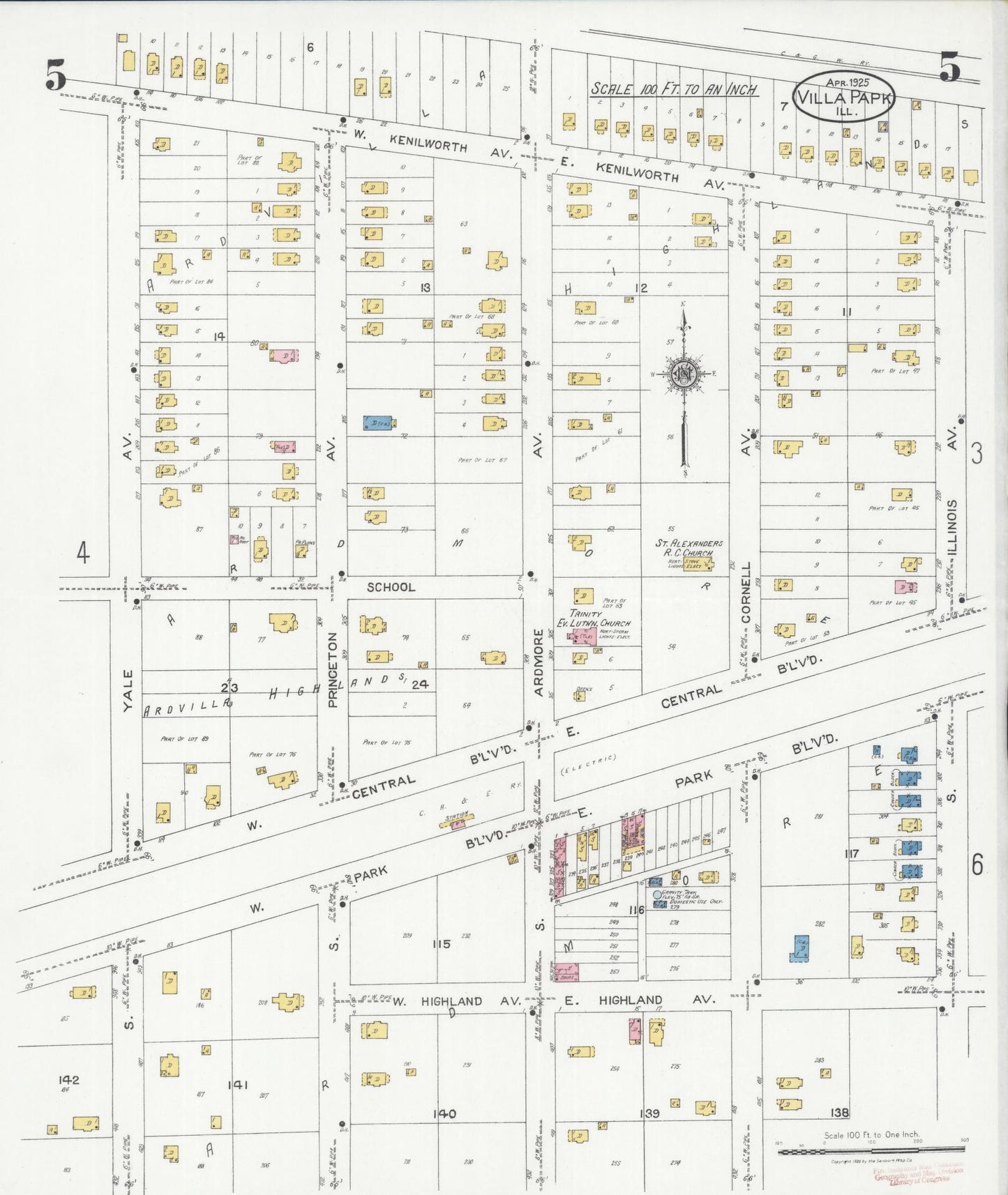 Sanborn Fire Insurance Map from Villa Park, Du Page County, Illinois (1925), Sheet #0005 - Historic Sanborn Fire Insurance Map Print, vintage old map wall art, antique decor, genealogy gift, Illinois Illinois map