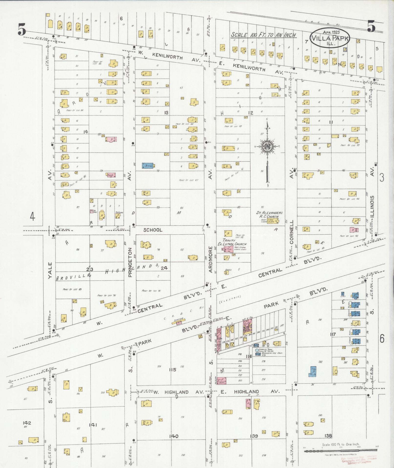 Sanborn Fire Insurance Map from Villa Park, Du Page County, Illinois (1925), Sheet #0005 - Historic Sanborn Fire Insurance Map Print, vintage old map wall art, antique decor, genealogy gift, Illinois Illinois map