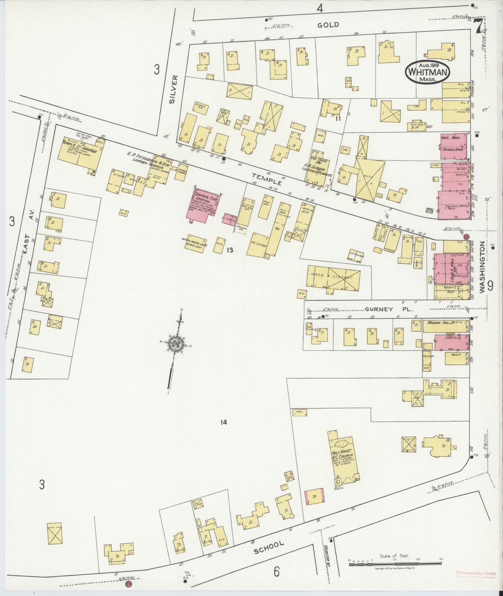 Sanborn Fire Insurance Map from Whitman, Plymouth County, Massachusetts (1919), Sheet #0007 - Historic Sanborn Fire Insurance Map Print, vintage old map wall art, antique decor, genealogy gift, Massachusetts Massachusetts map