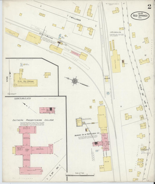 Sanborn Fire Insurance Map from Red Springs, Robeson County, North Carolina (1911), Sheet #0002 - Historic Sanborn Fire Insurance Map Print, vintage old map wall art, antique decor, genealogy gift, North Carolina North Carolina map
