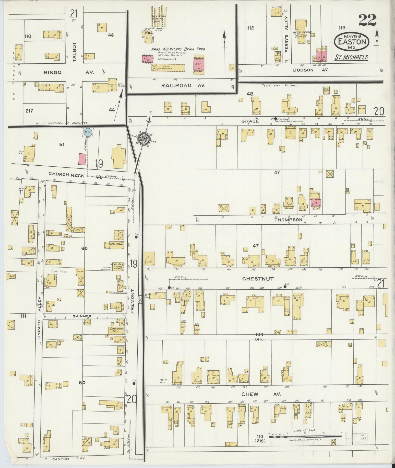 Talbot, Maryland - 1919 - Sanborn Fire Insurance Map, Sheet #0022 - Historic Sanborn Fire Insurance Map Print, Talbot Maryland 1919 0022 vintage old map wall art