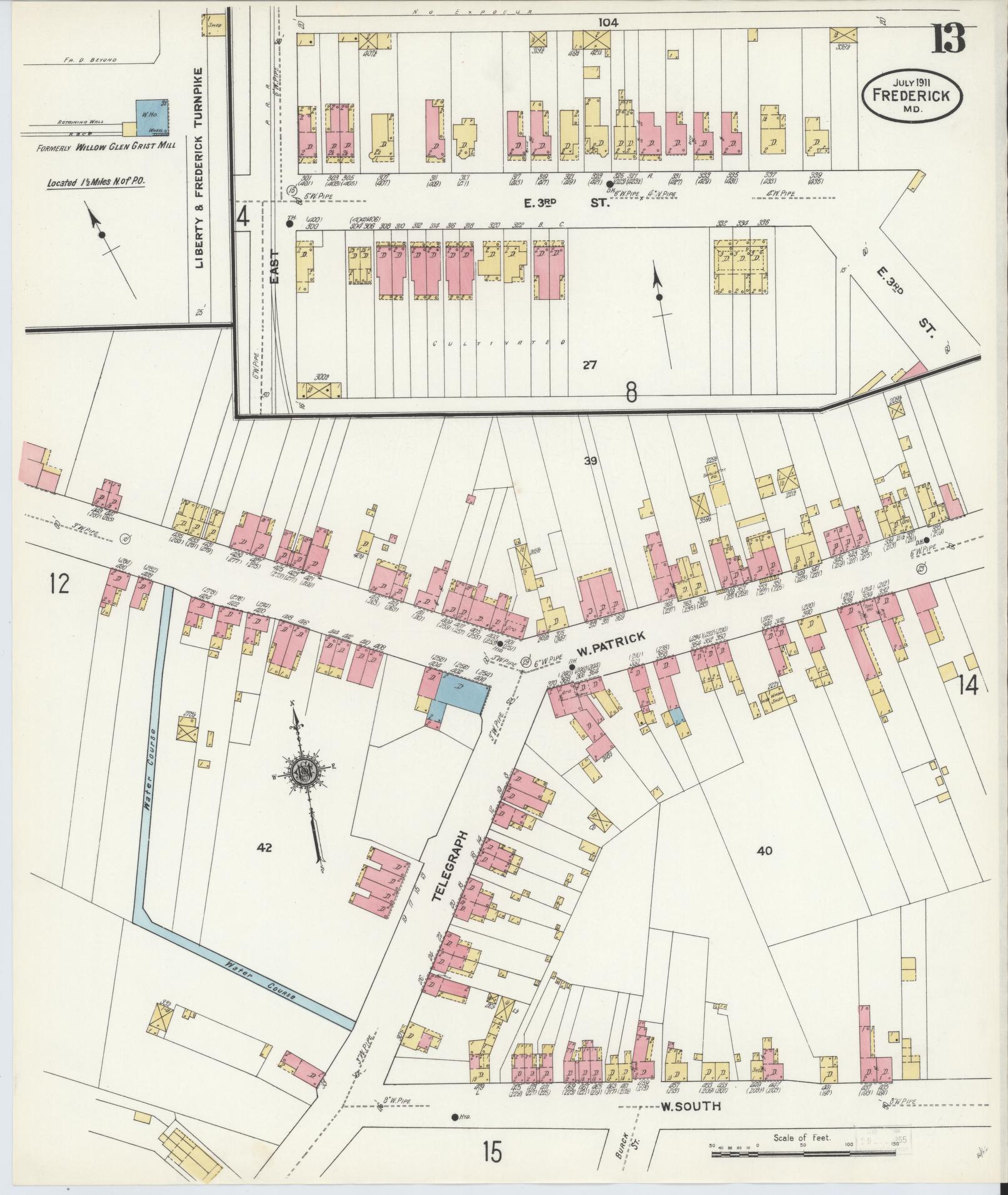 Frederick, Maryland - 1911 - Sanborn Fire Insurance Map, Sheet #0013 - Historic Sanborn Fire Insurance Map Print, Frederick Maryland 1911 0013 vintage old map wall art