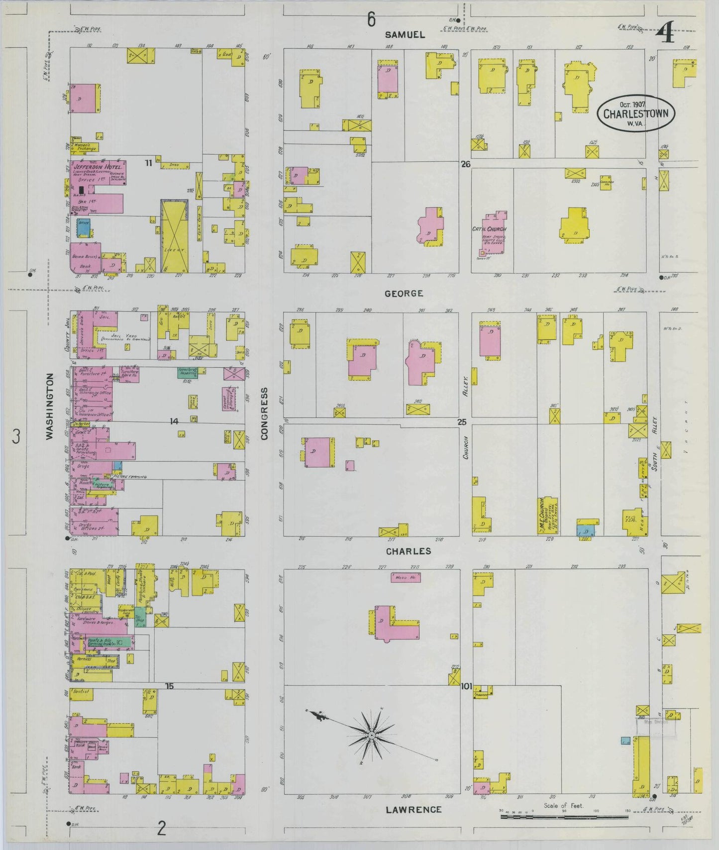 Sanborn Fire Insurance Map from Charles Town, Jefferson County, West Virginia (1907), Sheet #0004 - Historic Sanborn Fire Insurance Map Print, vintage old map wall art, antique decor, genealogy gift, West Virginia West Virginia map