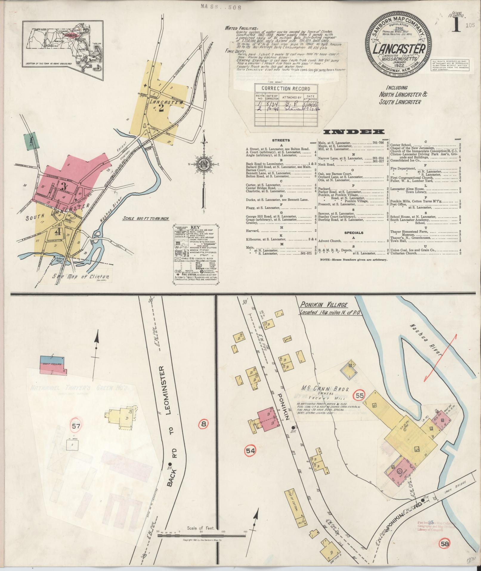 Sanborn Fire Insurance Map from Lancaster, Worcester County, Massachusetts (1945), Sheet #0001 - Historic Sanborn Fire Insurance Map Print, vintage old map wall art, antique decor, genealogy gift, Massachusetts Massachusetts map