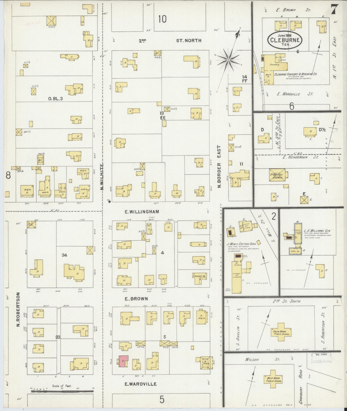 Sanborn Fire Insurance Map from Cleburne, Johnson County, Texas (1898), Sheet #0007 - Complete Map Set gallery image, historic Sanborn map, vintage wall art, Texas Texas