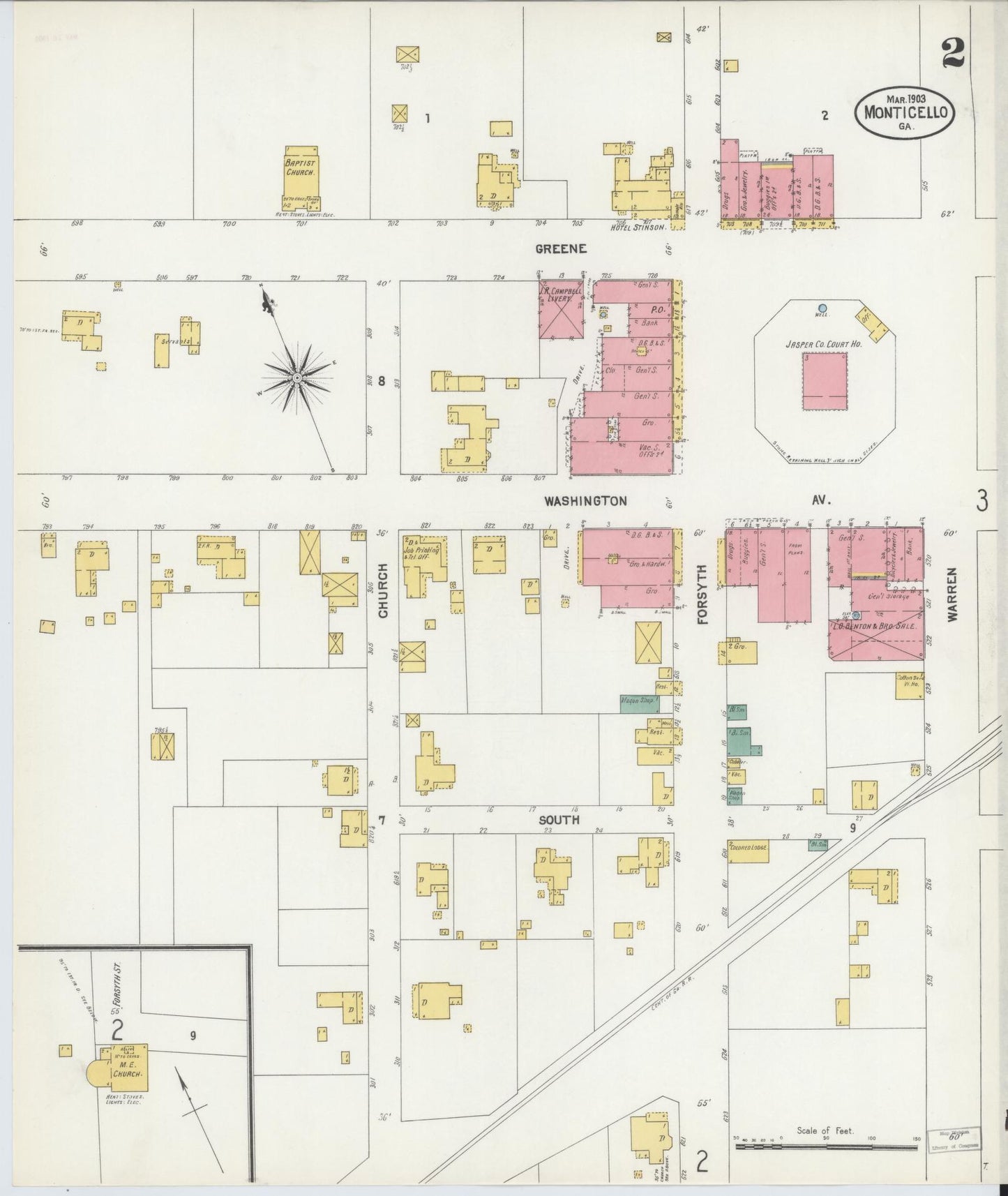 Sanborn Fire Insurance Map from Monticello, Jasper County, Georgia (1903), Sheet #0002 - Historic Sanborn Fire Insurance Map Print, vintage old map wall art, antique decor, genealogy gift, Georgia Georgia map