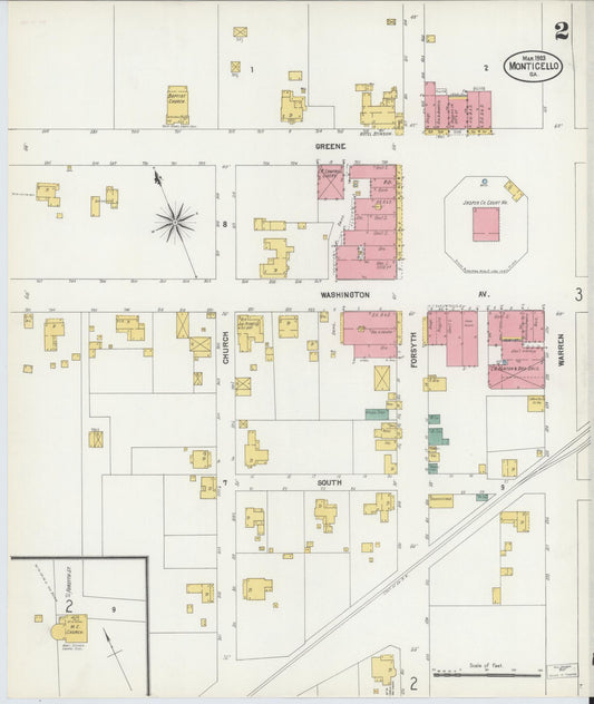 Sanborn Fire Insurance Map from Monticello, Jasper County, Georgia (1903), Sheet #0002 - Historic Sanborn Fire Insurance Map Print, vintage old map wall art, antique decor, genealogy gift, Georgia Georgia map