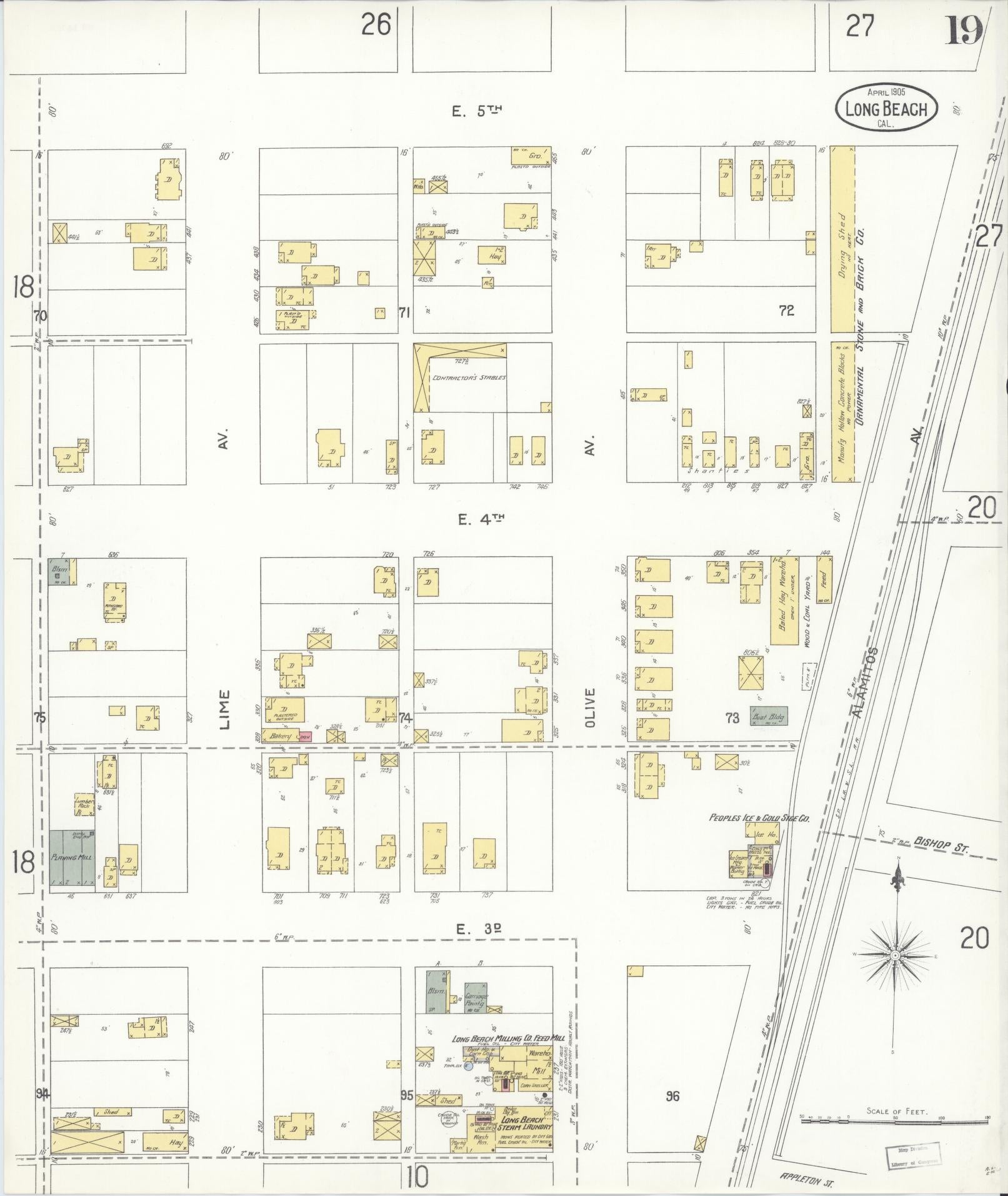Sanborn Fire Insurance Map from Long Beach, Los Angeles County, California (1905), Sheet #0019 - Historic Sanborn Fire Insurance Map Print, vintage old map wall art, antique decor, genealogy gift, California California map