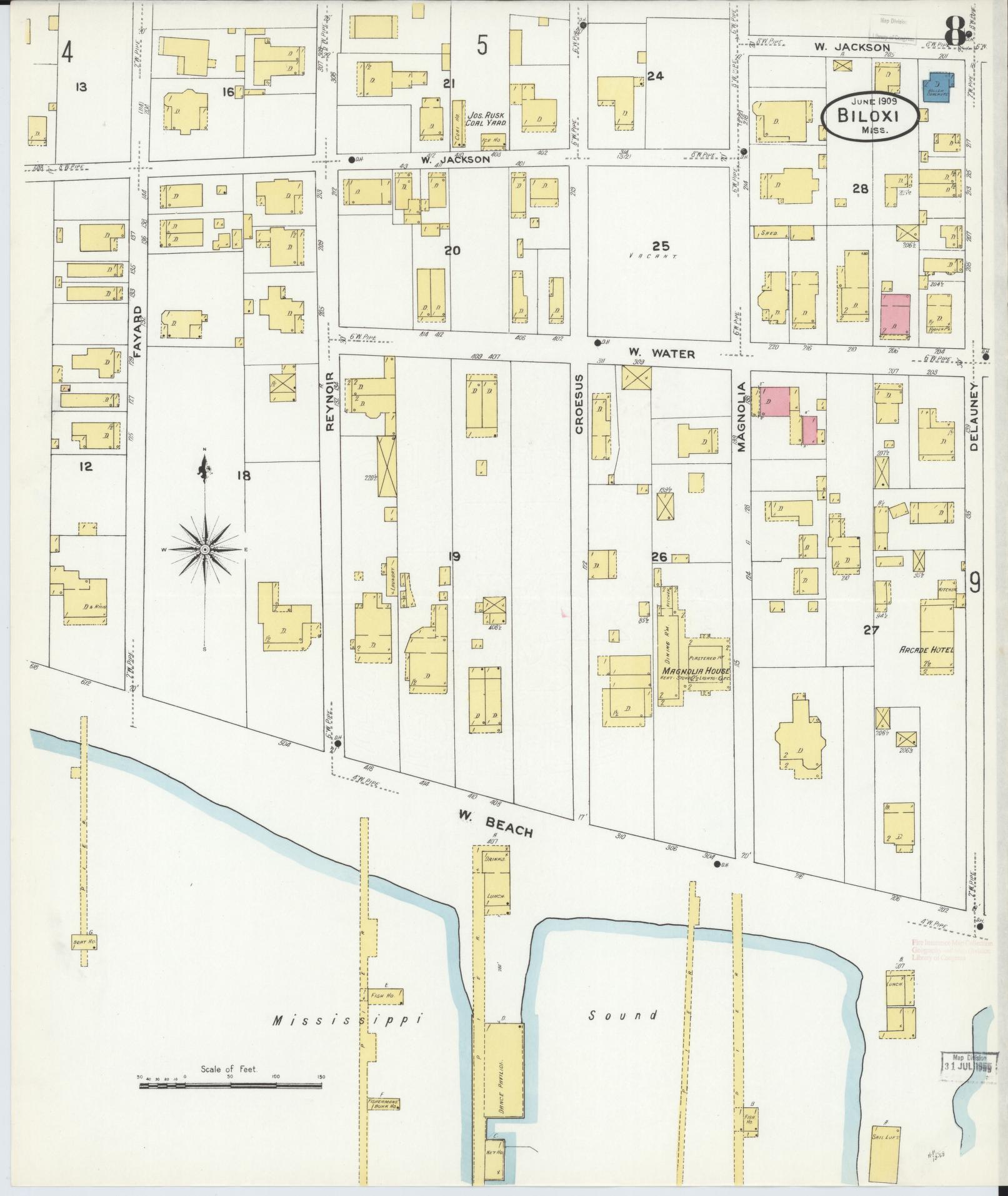 Sanborn Fire Insurance Map from Biloxi, Harrison County, Mississippi (1909), Sheet #0008 - Historic Sanborn Fire Insurance Map Print, vintage old map wall art, antique decor, genealogy gift, Mississippi Mississippi map