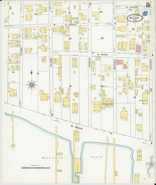 Sanborn Fire Insurance Map from Biloxi, Harrison County, Mississippi (1909), Sheet #0008 - Historic Sanborn Fire Insurance Map Print, vintage old map wall art, antique decor, genealogy gift, Mississippi Mississippi map