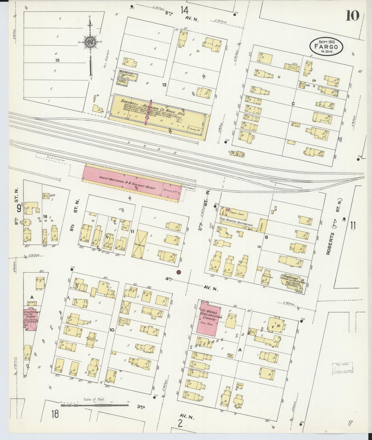Sanborn Fire Insurance Map from Fargo, Cass County, North Dakota (1910), Sheet #0010 - Historic Sanborn Fire Insurance Map Print, vintage old map wall art, antique decor, genealogy gift, North Dakota North Dakota map