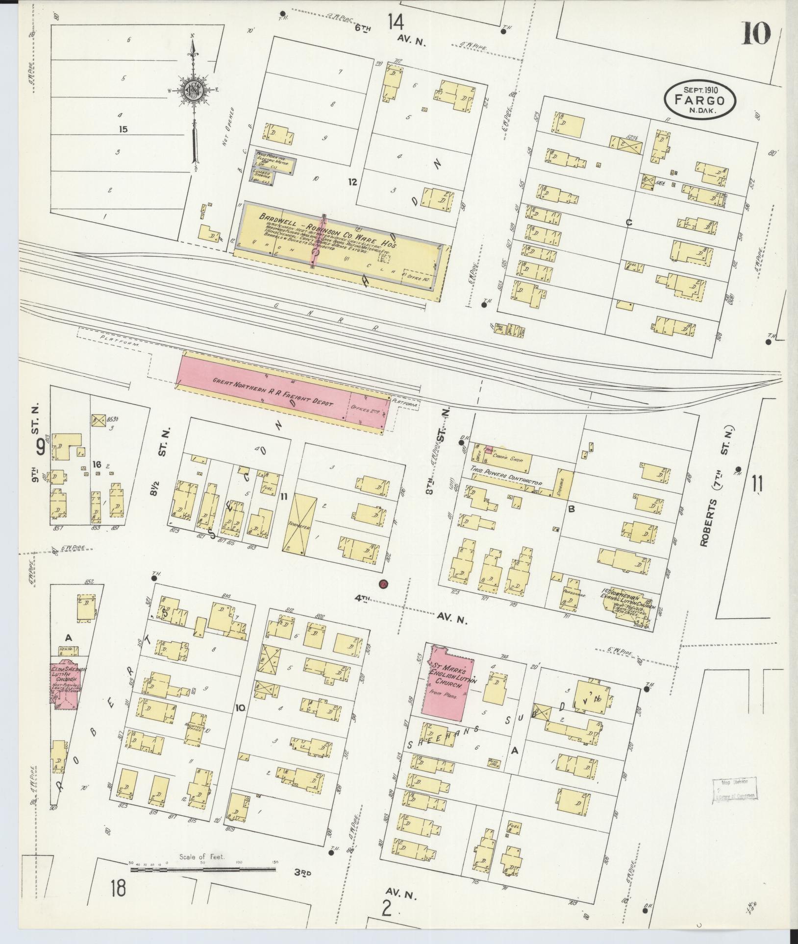 Sanborn Fire Insurance Map from Fargo, Cass County, North Dakota (1910), Sheet #0010 - Historic Sanborn Fire Insurance Map Print, vintage old map wall art, antique decor, genealogy gift, North Dakota North Dakota map