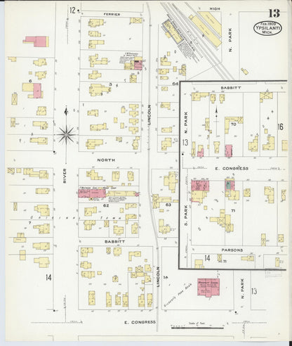 Sanborn Fire Insurance Map from Ypsilanti, Washtenaw County, Michigan (1909), Sheet #0013 - Historic Sanborn Fire Insurance Map Print, vintage old map wall art, antique decor, genealogy gift, Michigan Michigan map