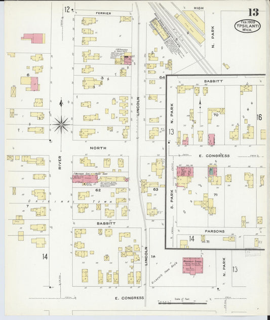 Sanborn Fire Insurance Map from Ypsilanti, Washtenaw County, Michigan (1909), Sheet #0013 - Historic Sanborn Fire Insurance Map Print, vintage old map wall art, antique decor, genealogy gift, Michigan Michigan map