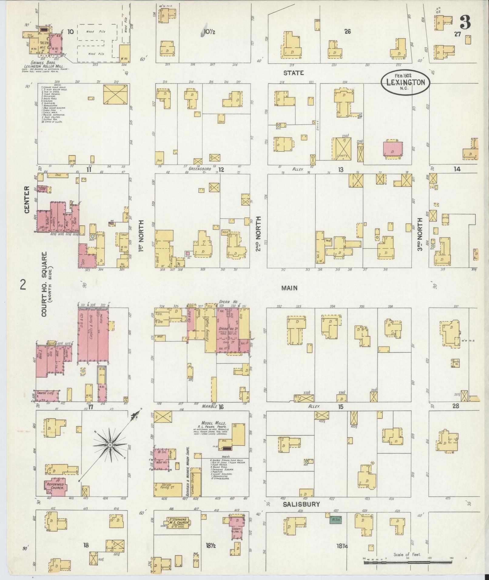 Sanborn Fire Insurance Map from Lexington, Davidson County, North Carolina (1902), Sheet #0003 - Complete Map Set gallery image, historic Sanborn map, vintage wall art, North Carolina North Carolina