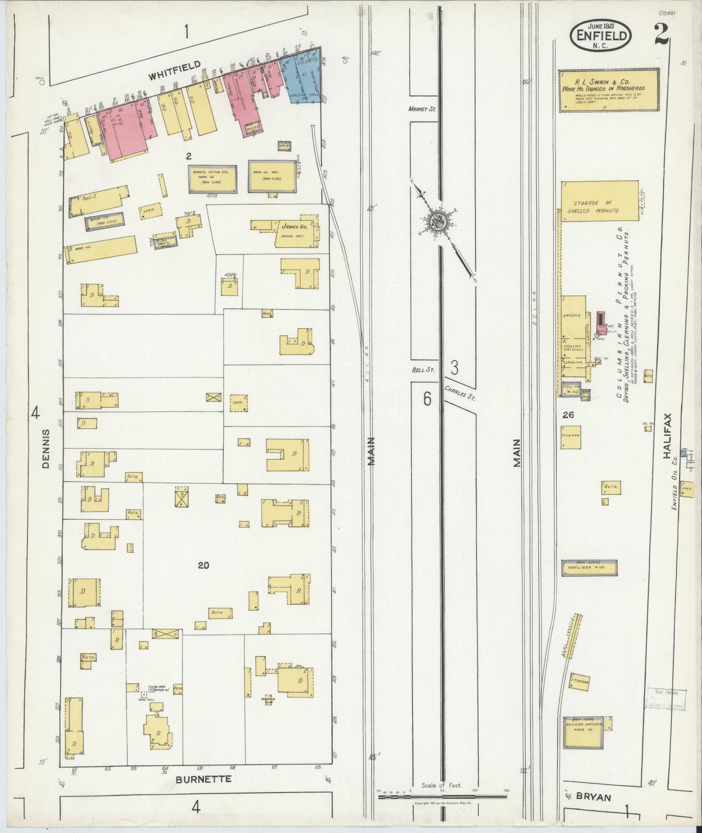 Sanborn Fire Insurance Map from Enfield, Halifax County, North Carolina (1921), Sheet #0002 - Historic Sanborn Fire Insurance Map Print, vintage old map wall art, antique decor, genealogy gift, North Carolina North Carolina map
