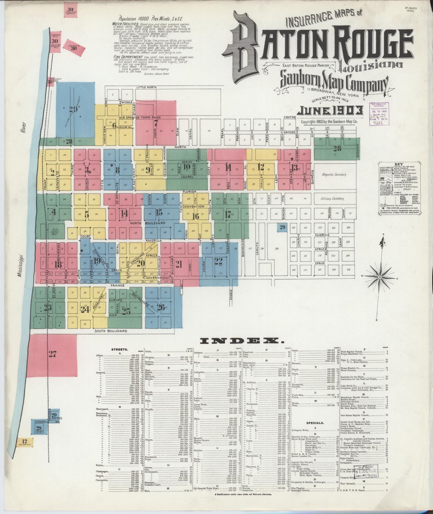 Sanborn Fire Insurance Map from Baton Rouge, East Baton Rouge Parish, Louisiana (1903), Sheet #0001 - Historic Sanborn Fire Insurance Map Print, vintage old map wall art, antique decor, genealogy gift, Louisiana Louisiana map
