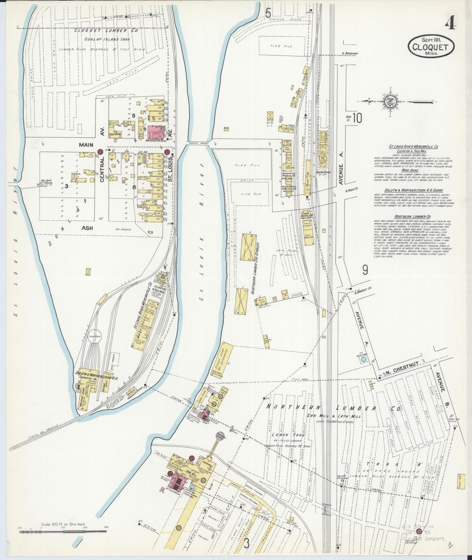 Sanborn Fire Insurance Map from Cloquet, Carlton County, Minnesota (1911), Sheet #0004 - Historic Sanborn Fire Insurance Map Print, vintage old map wall art, antique decor, genealogy gift, Minnesota Minnesota map