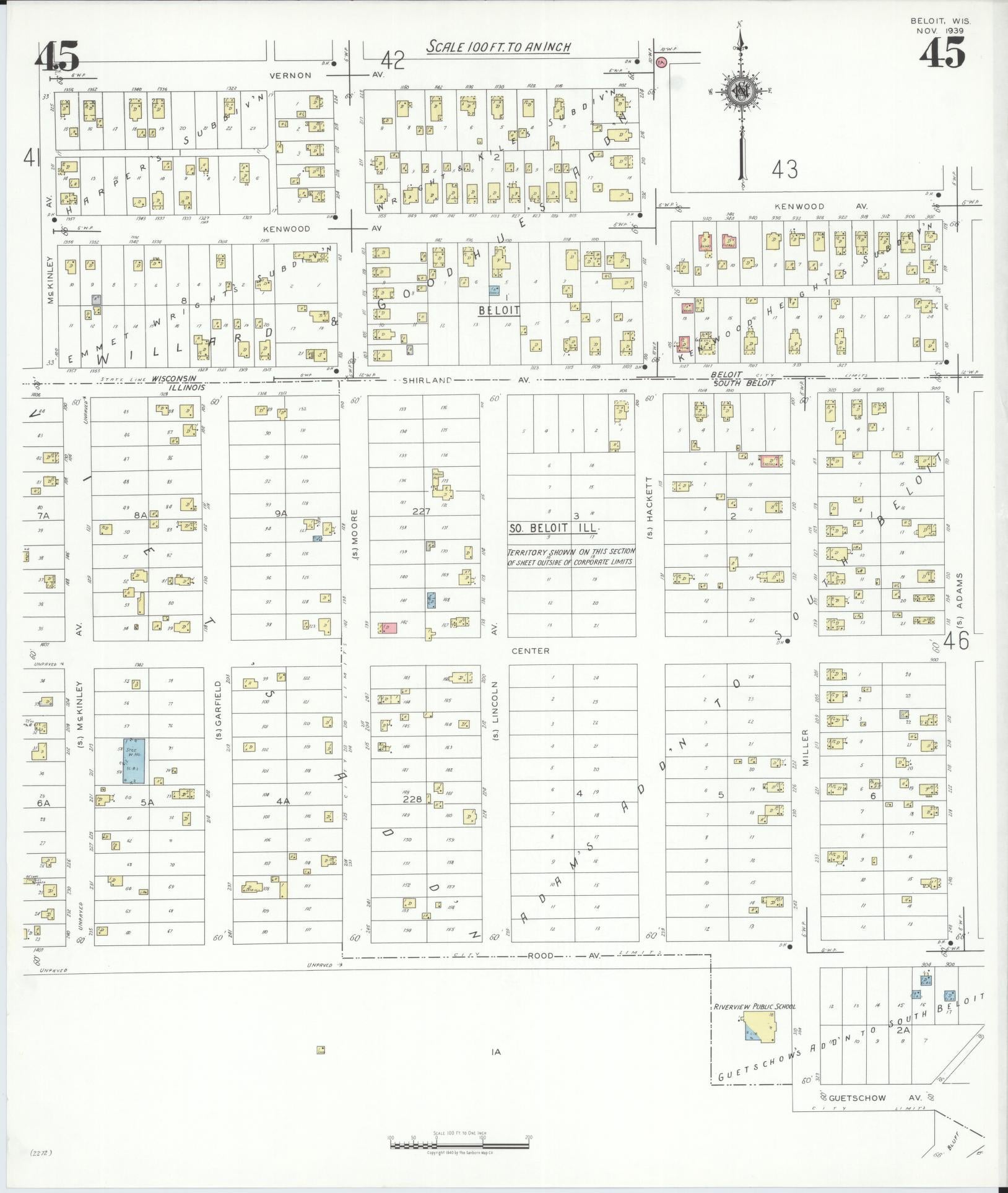 Sanborn Fire Insurance Map from Beloit, Rock County, Wisconsin (1939), Sheet #0045 - Historic Sanborn Fire Insurance Map Print, vintage old map wall art, antique decor, genealogy gift, Wisconsin Wisconsin map