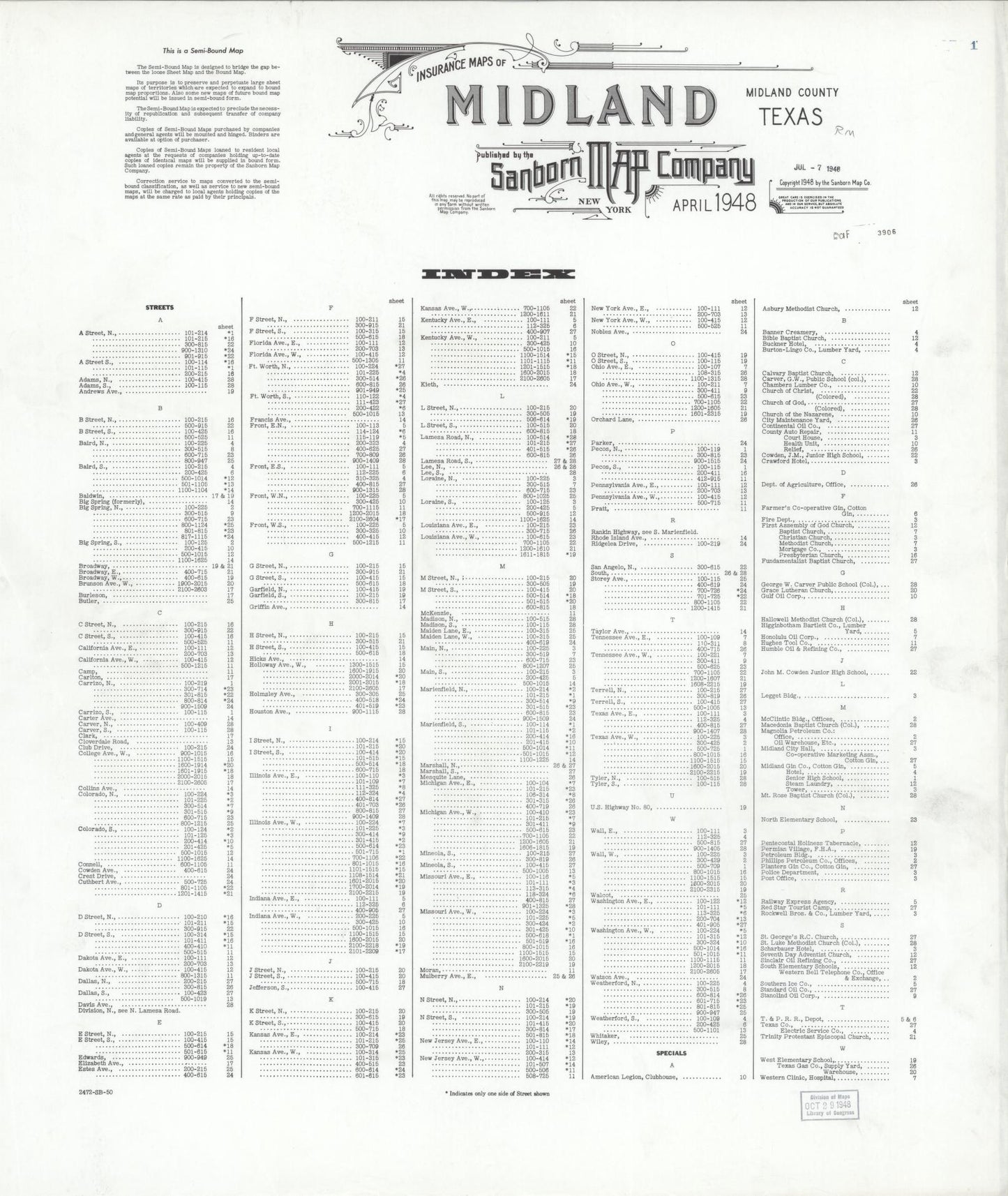 Sanborn Fire Insurance Map from Midland, Midland County, Texas (1948), Sheet #0001 - Historic Sanborn Fire Insurance Map Print, vintage old map wall art, antique decor, genealogy gift, Texas Texas map