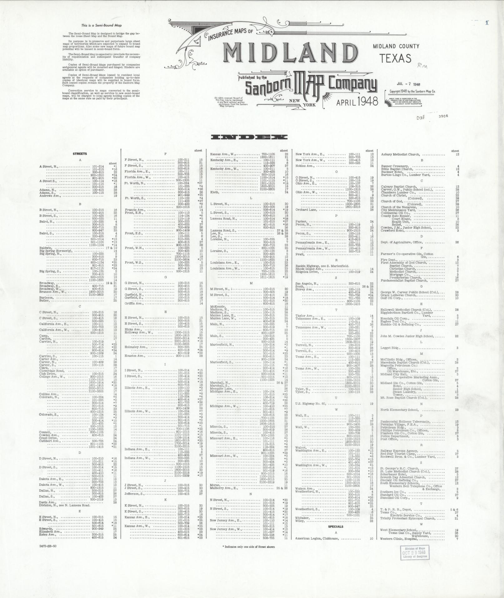 Sanborn Fire Insurance Map from Midland, Midland County, Texas (1948), Sheet #0001 - Historic Sanborn Fire Insurance Map Print, vintage old map wall art, antique decor, genealogy gift, Texas Texas map