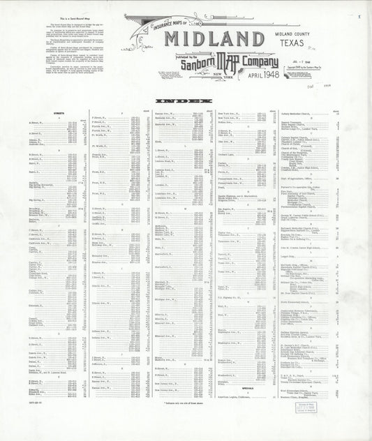 Sanborn Fire Insurance Map from Midland, Midland County, Texas (1948), Sheet #0001 - Historic Sanborn Fire Insurance Map Print, vintage old map wall art, antique decor, genealogy gift, Texas Texas map