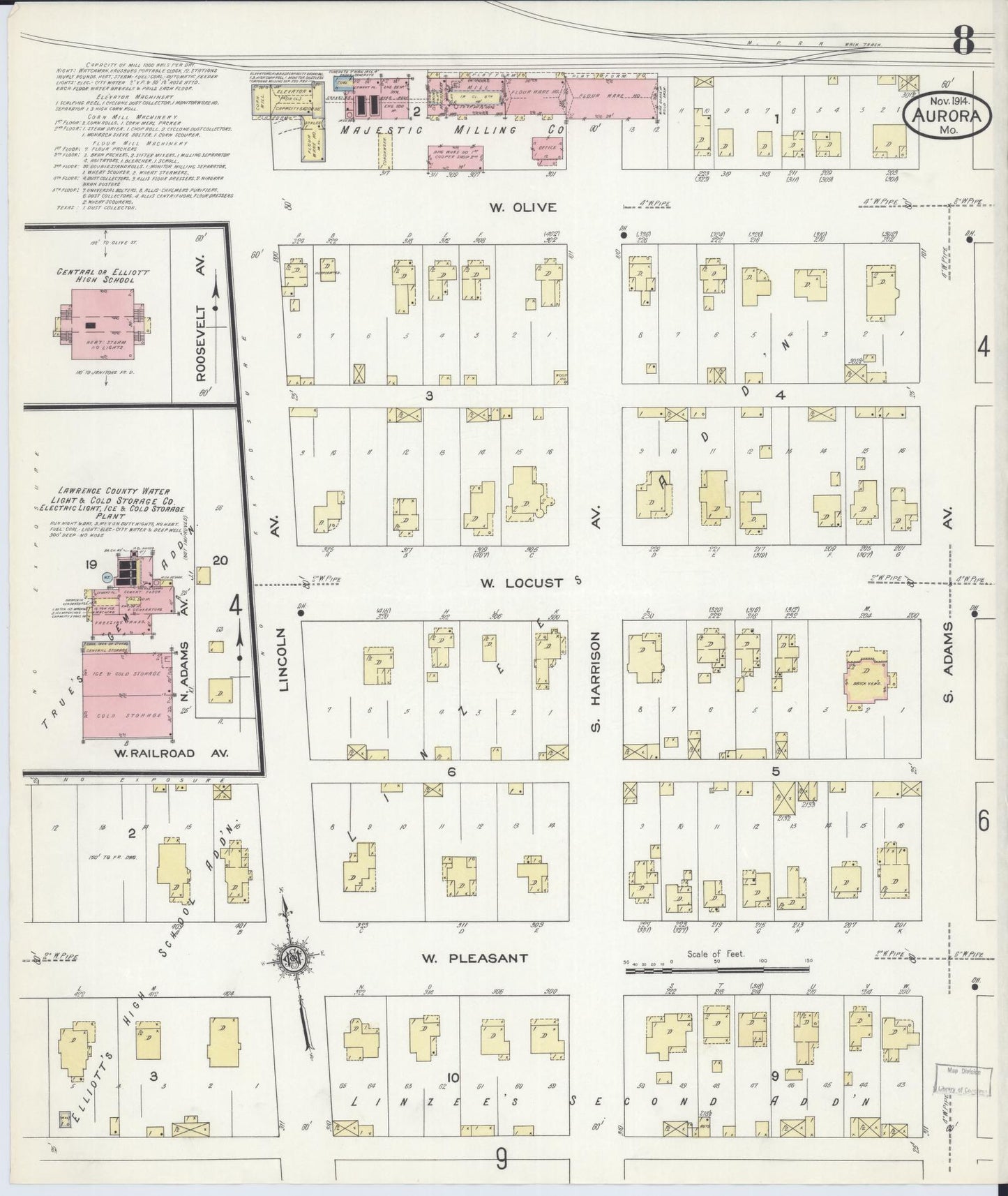 Sanborn Fire Insurance Map from Aurora, Lawrence County, Missouri (1914), Sheet #0008 - Complete Map Set gallery image, historic Sanborn map, vintage wall art, Missouri Missouri