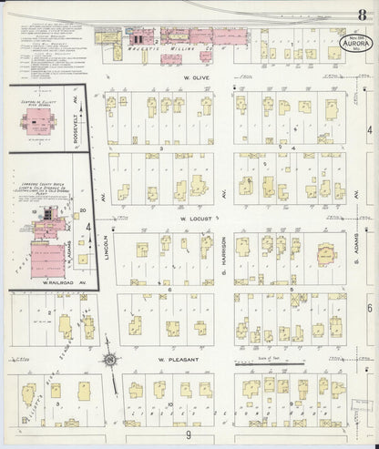 Sanborn Fire Insurance Map from Aurora, Lawrence County, Missouri (1914), Sheet #0008 - Complete Map Set gallery image, historic Sanborn map, vintage wall art, Missouri Missouri