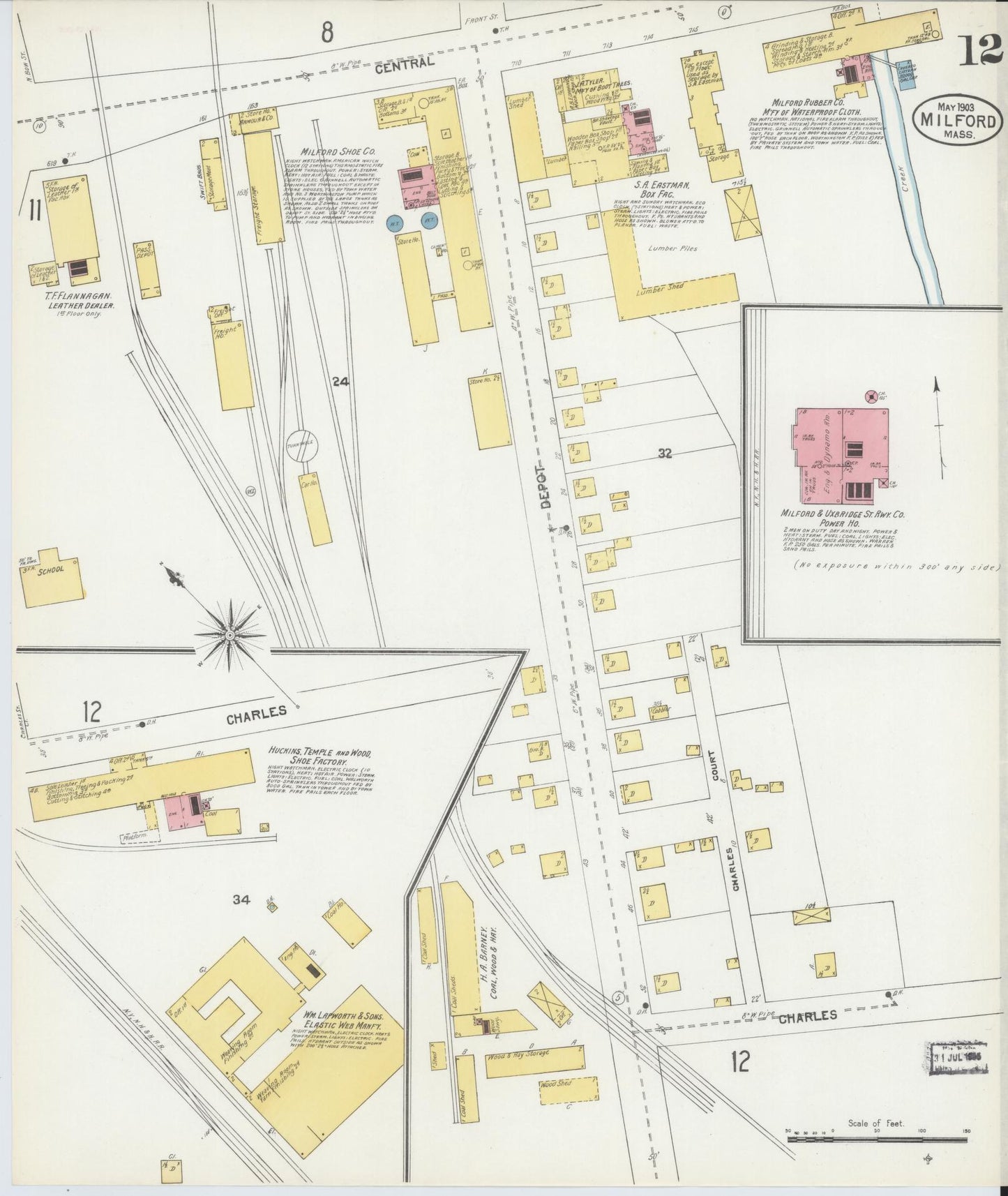 Sanborn Fire Insurance Map from Milford, Worcester County, Massachusetts (1903), Sheet #0012 - Historic Sanborn Fire Insurance Map Print, vintage old map wall art, antique decor, genealogy gift, Massachusetts Massachusetts map